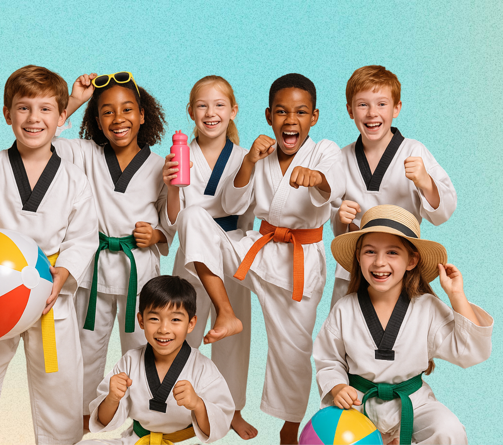A group of children in karate uniforms are posing for a picture.