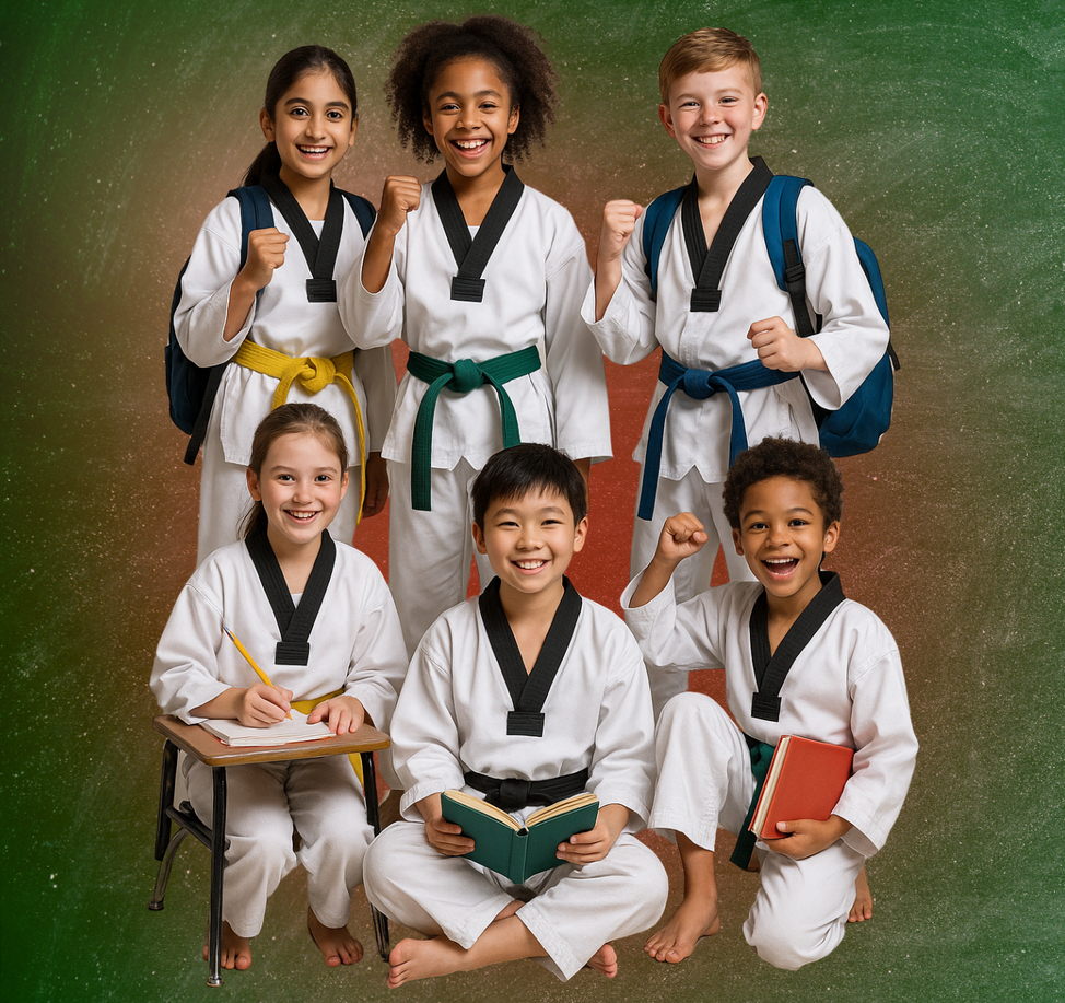 A group of children in karate uniforms are sitting in front of a green chalkboard.