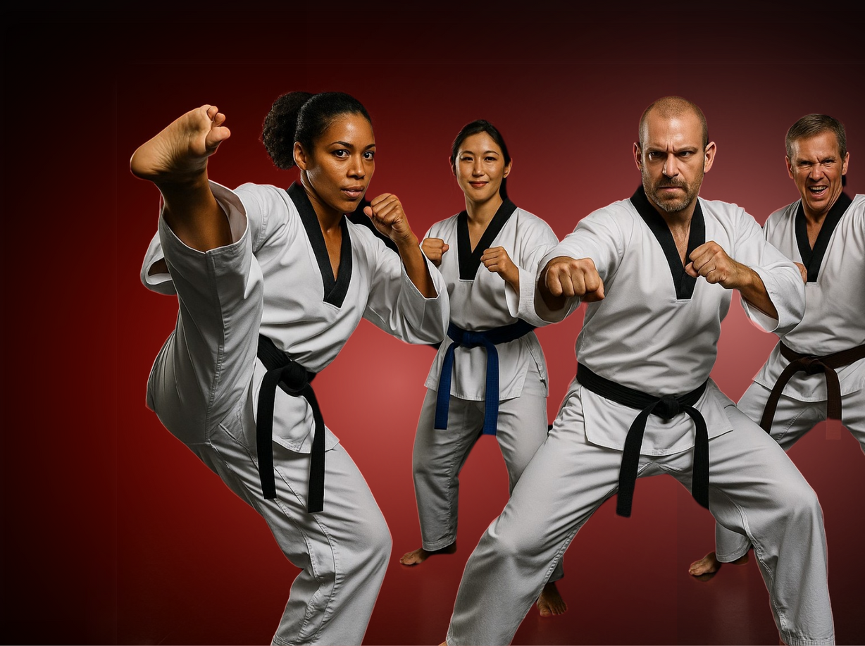 A group of people are practicing martial arts together.