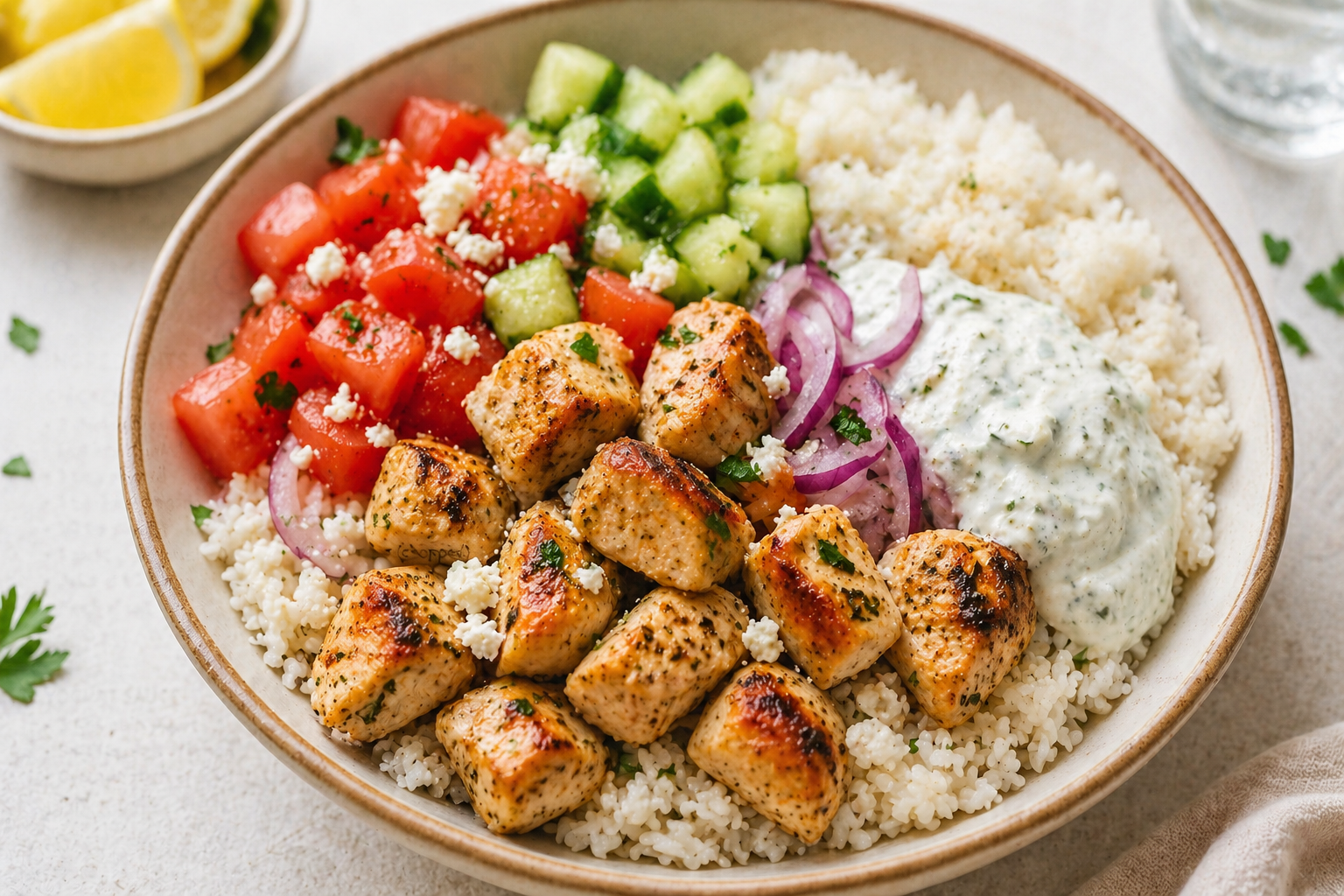 Mediterranean rice bowl with grilled chicken, tomatoes, cucumbers, onions, tzatziki, and lemon wedges