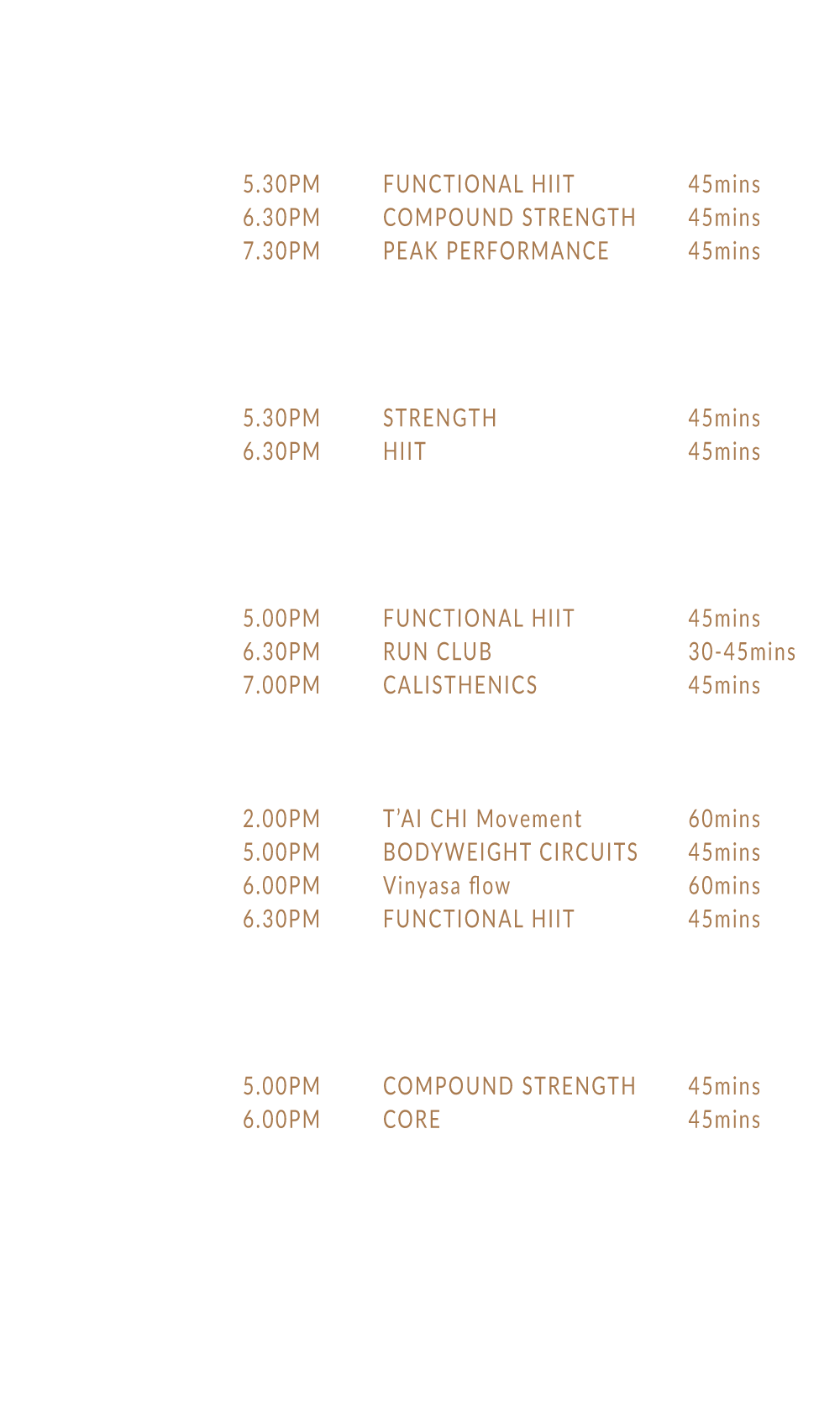 Revolve Fitness and Training, Gym timetable in Holmes Chapel
