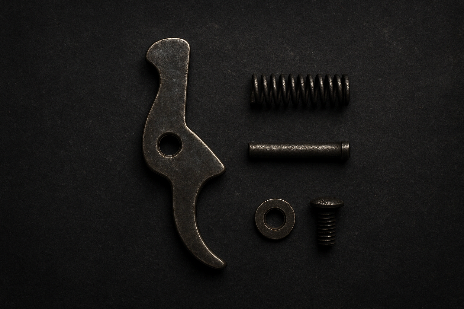 Gun trigger parts laid out on a dark surface, including a trigger, spring, pin, washer, and screw.