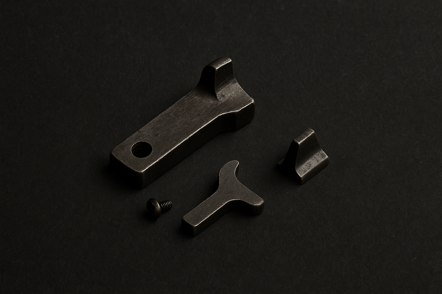 Gun parts arranged on a black surface. Pieces are dark gray and metallic.