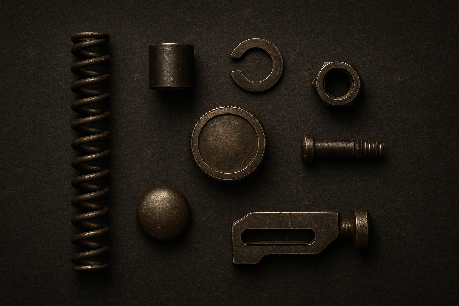 Assorted dark metal machine parts arranged on a dark surface, including a spring, bolt, and ring.