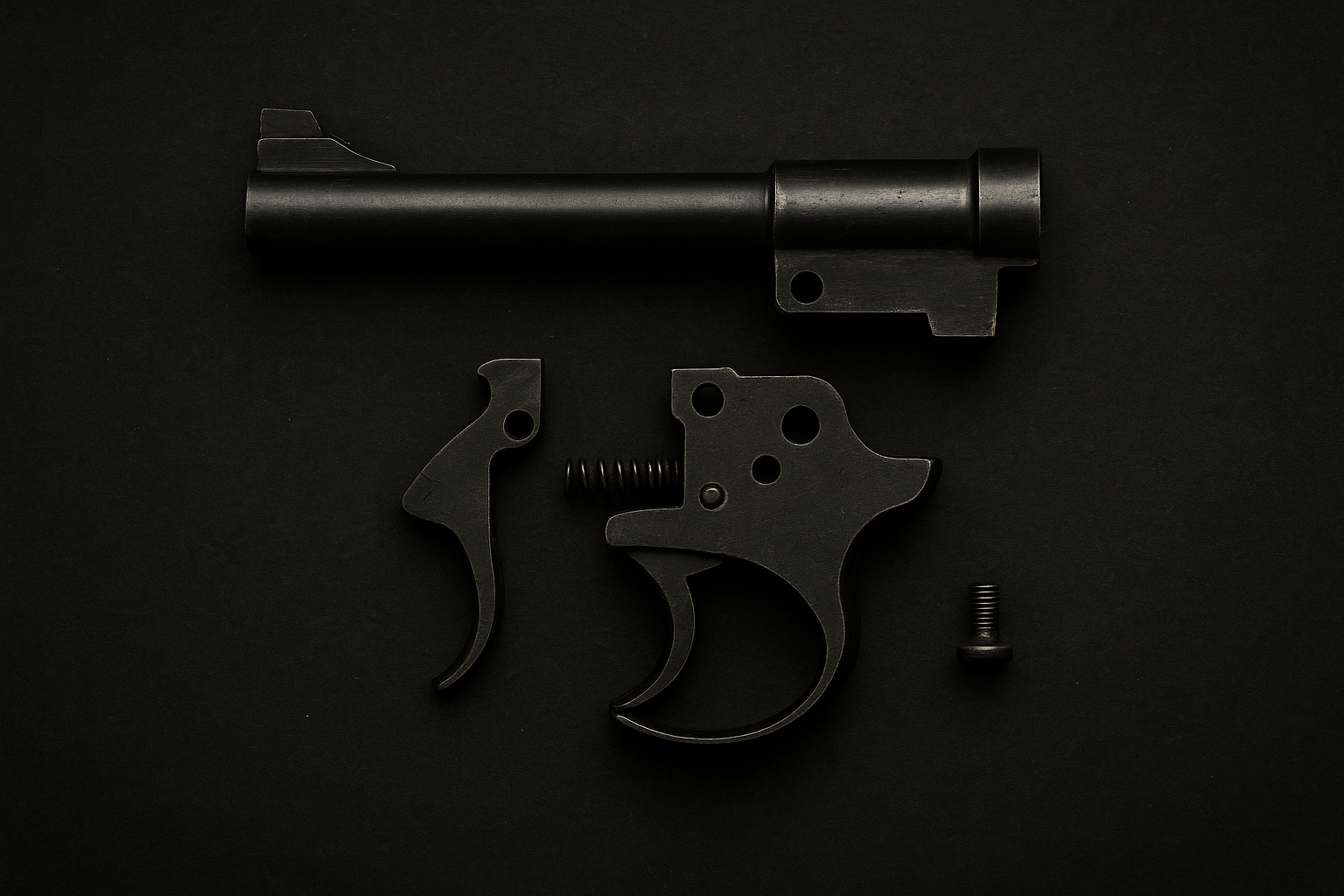 Disassembled handgun parts on a black surface. Includes barrel, trigger, and other internal components.