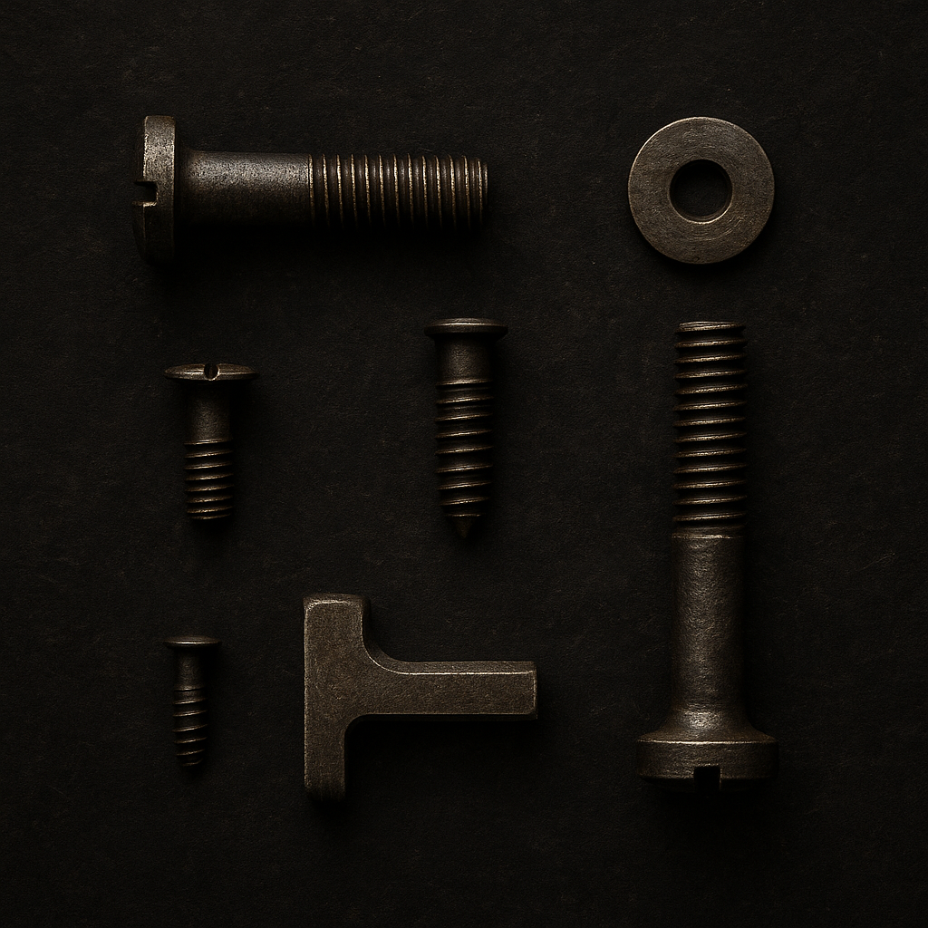 Close-up of assorted, rusty metal screws, a washer, and a bracket on a dark surface.