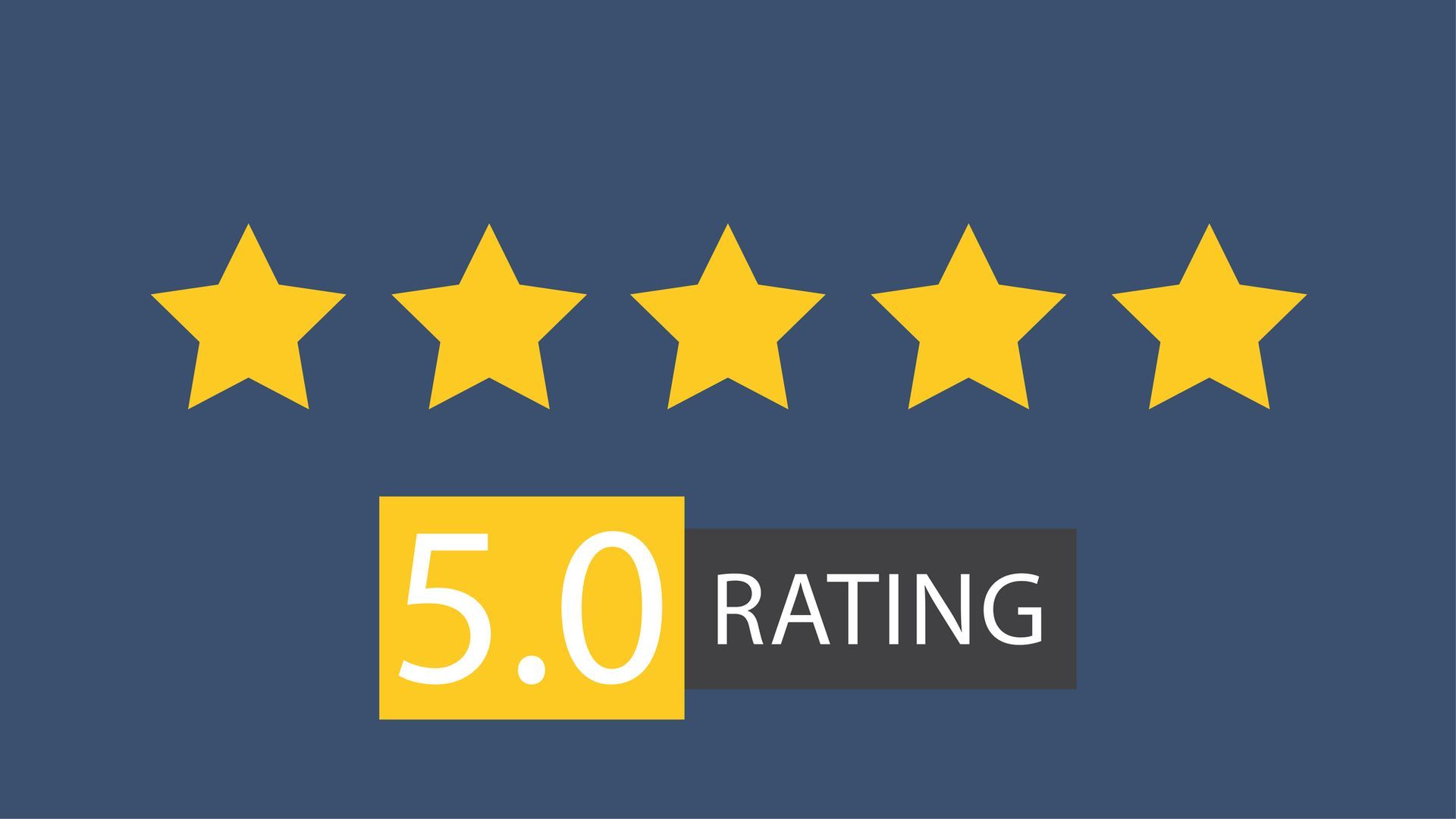 Five gold stars with a 5.0 rating displayed on a navy blue background.