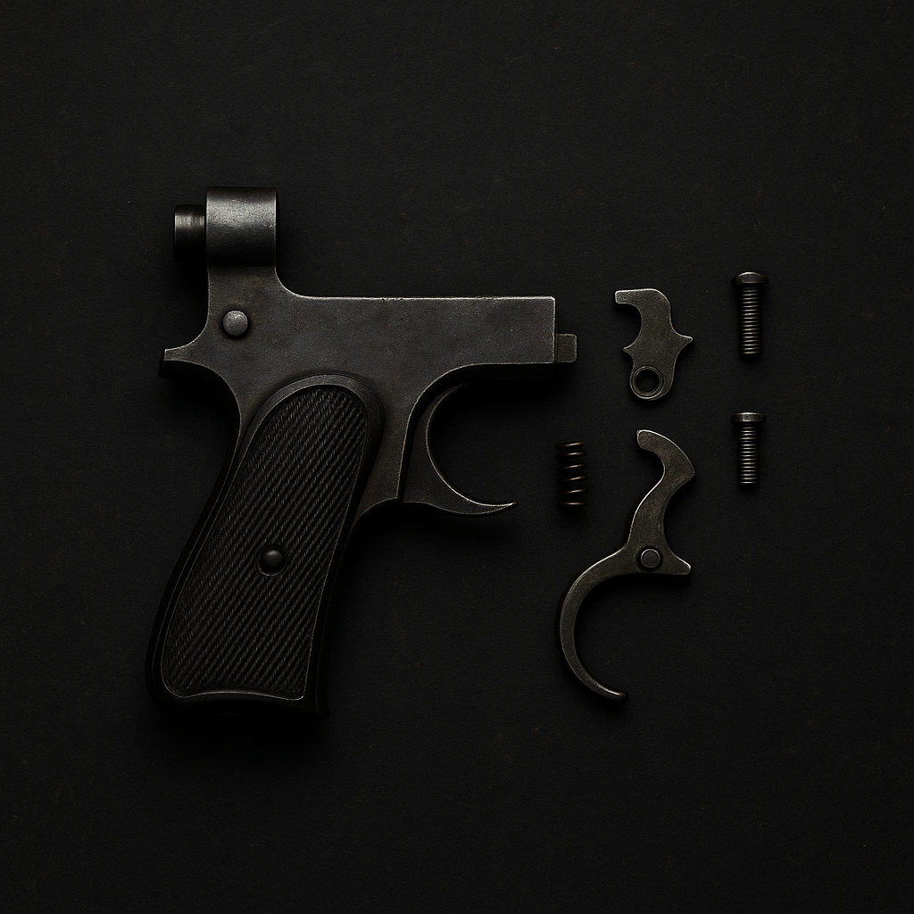 Disassembled gun frame with trigger and pins, black background.