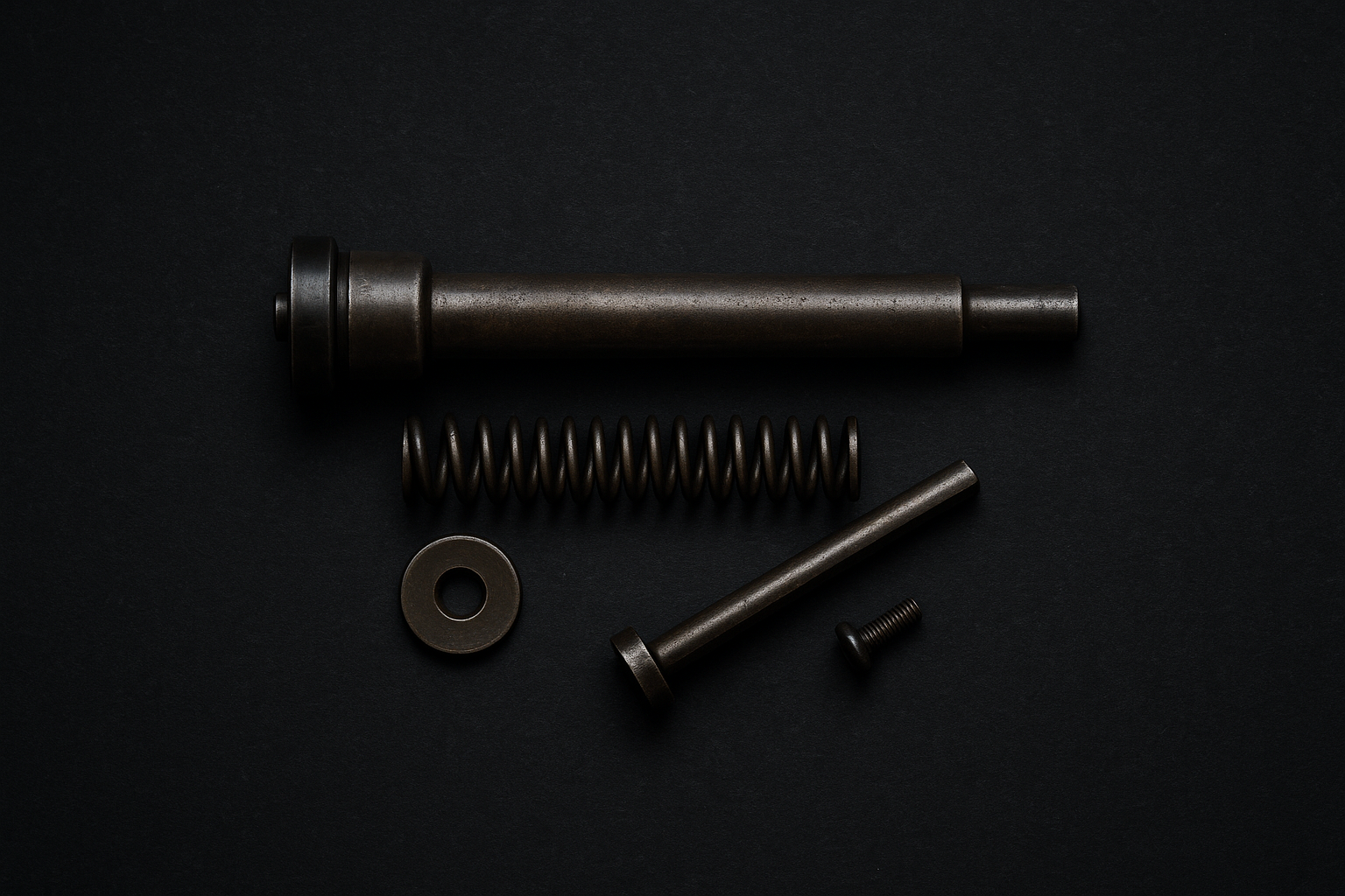 Gun parts: a bolt, spring, washer, pin, and screw, on a dark surface.