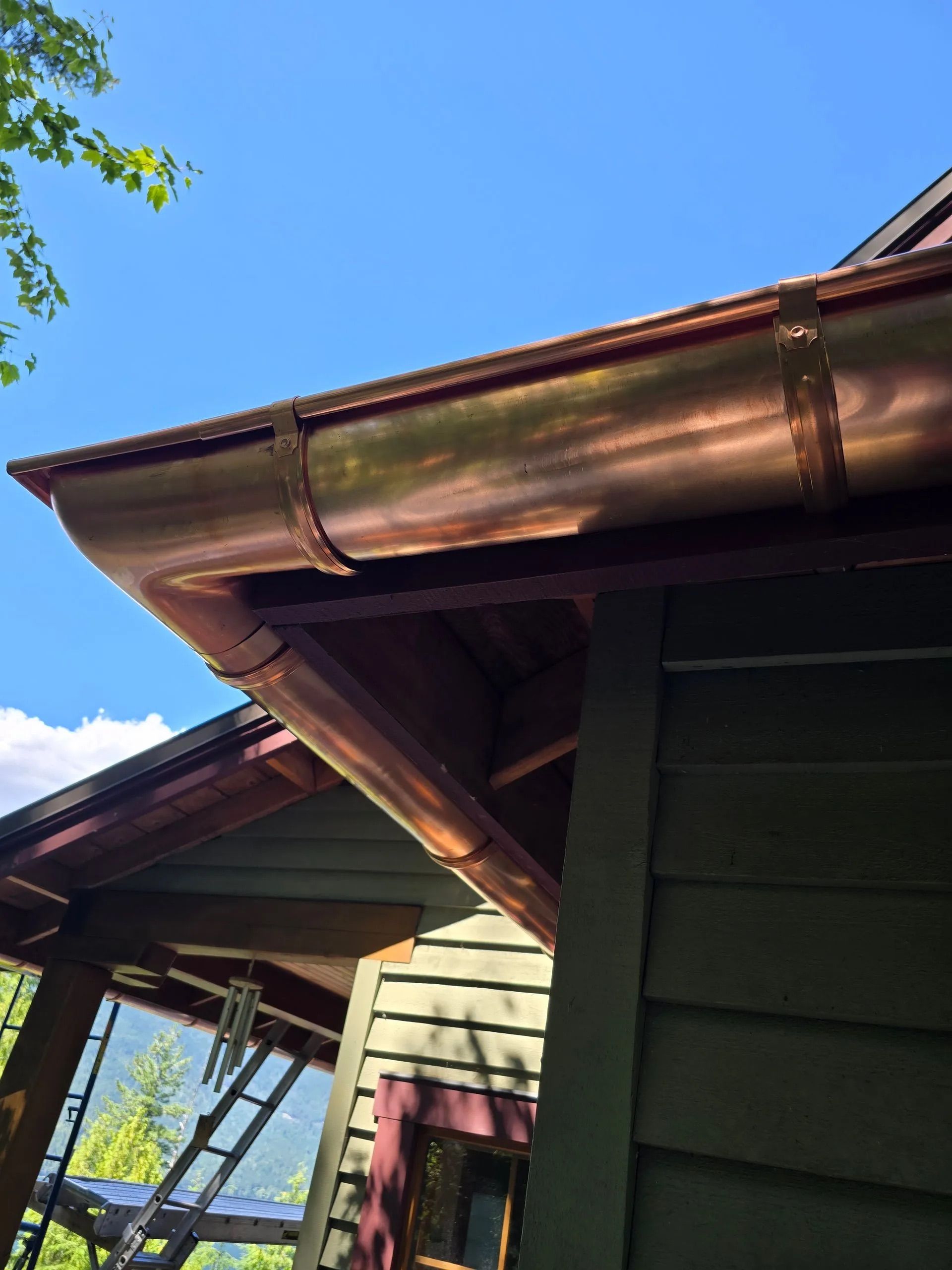 Close-up of a copper roof over a green house with blue sky and tree branches.