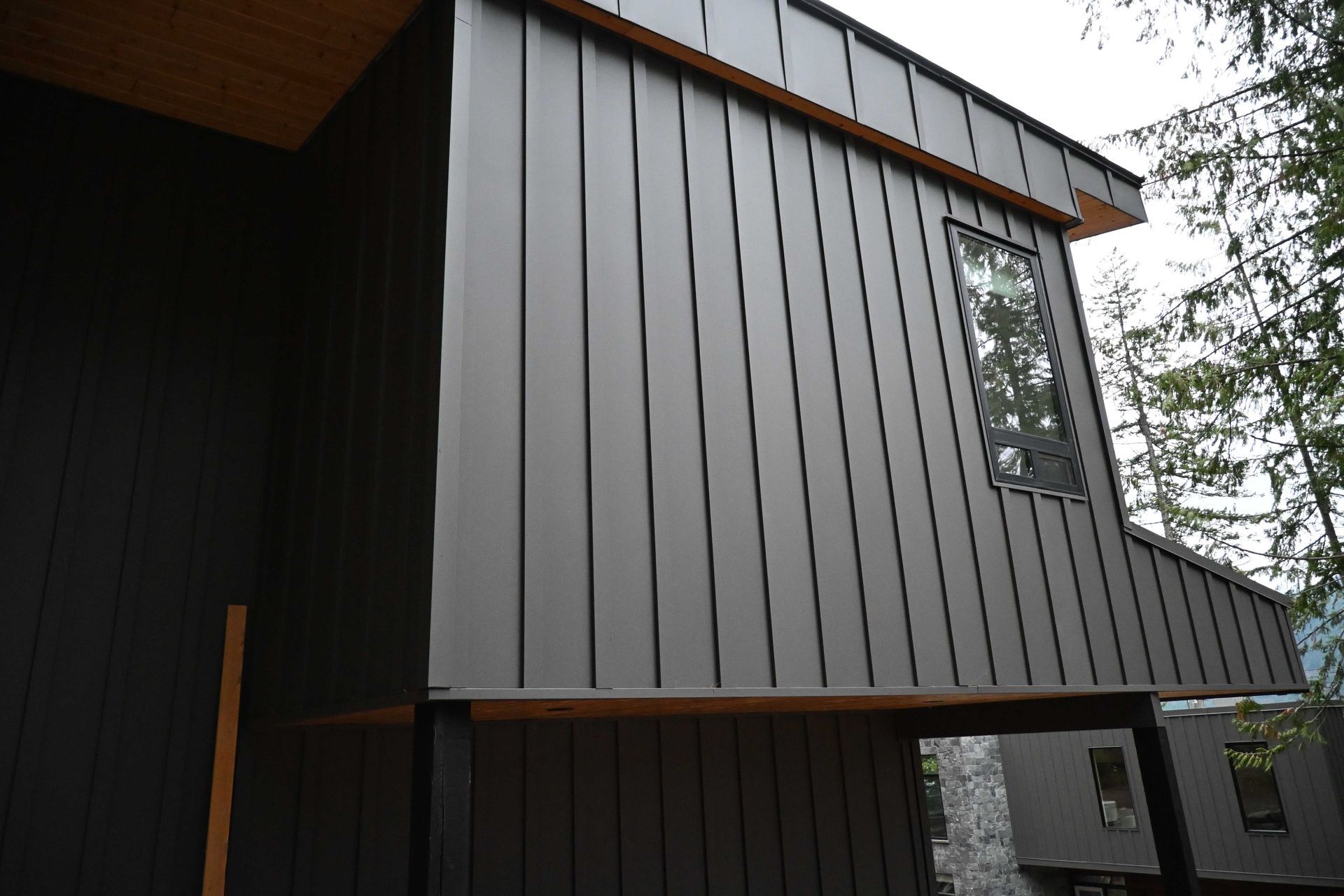 Modern dark wood-clad house exterior with vertical siding and a narrow window