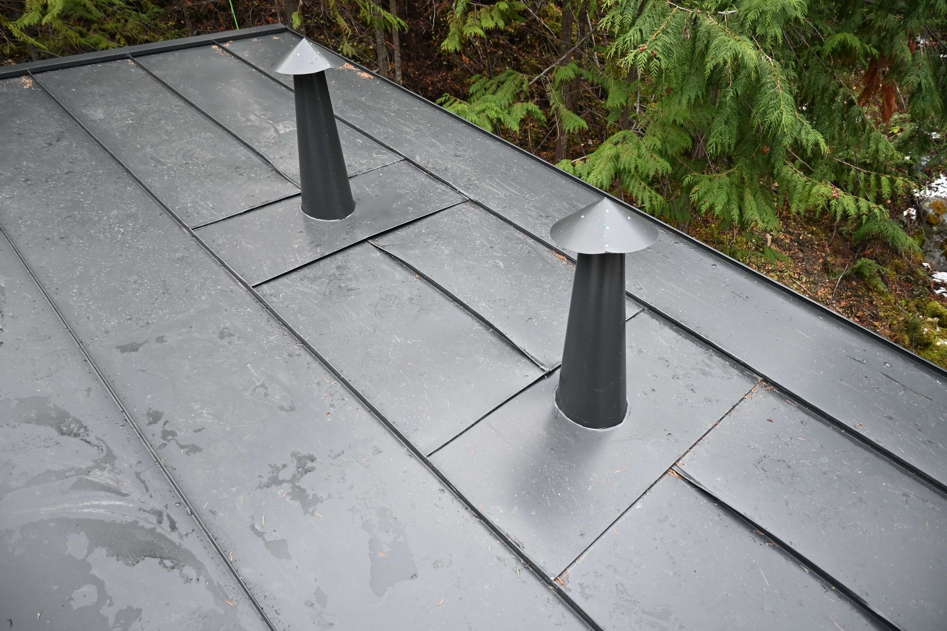 Two black roof vents on a gray shingled roof with wet patches and trees in the background