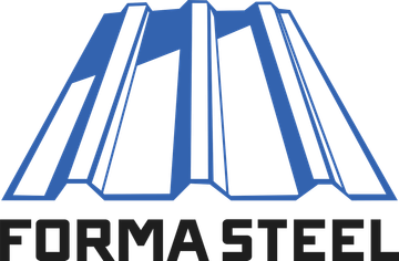 Forma Steel logo with blue stylized steel beams above black text