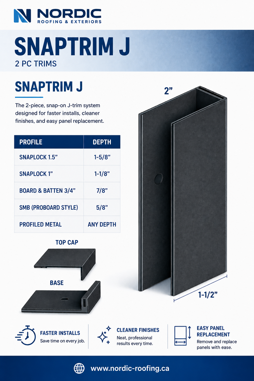 Nordic SnapTrim J trim board product sheet with blue header and black trim sample illustration