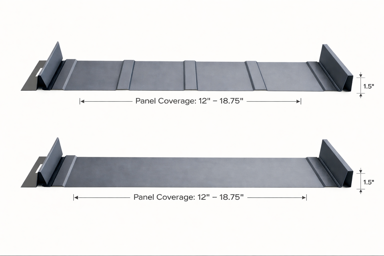 Two gray metal panel guards showing panel coverage measurements and end brackets