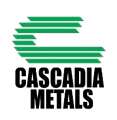 Cascadia Metals logo with green stylized lines above bold black text on a white background