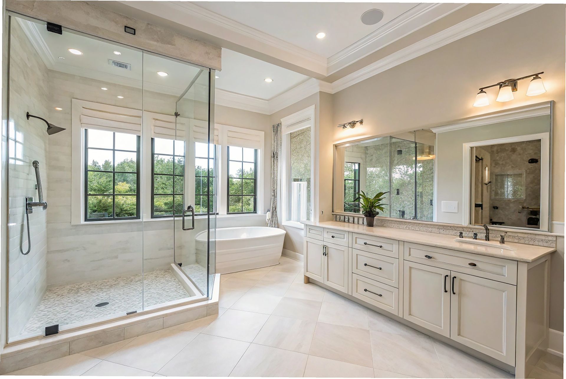 Spacious, light-filled bathroom with glass shower, large window, and white vanity.