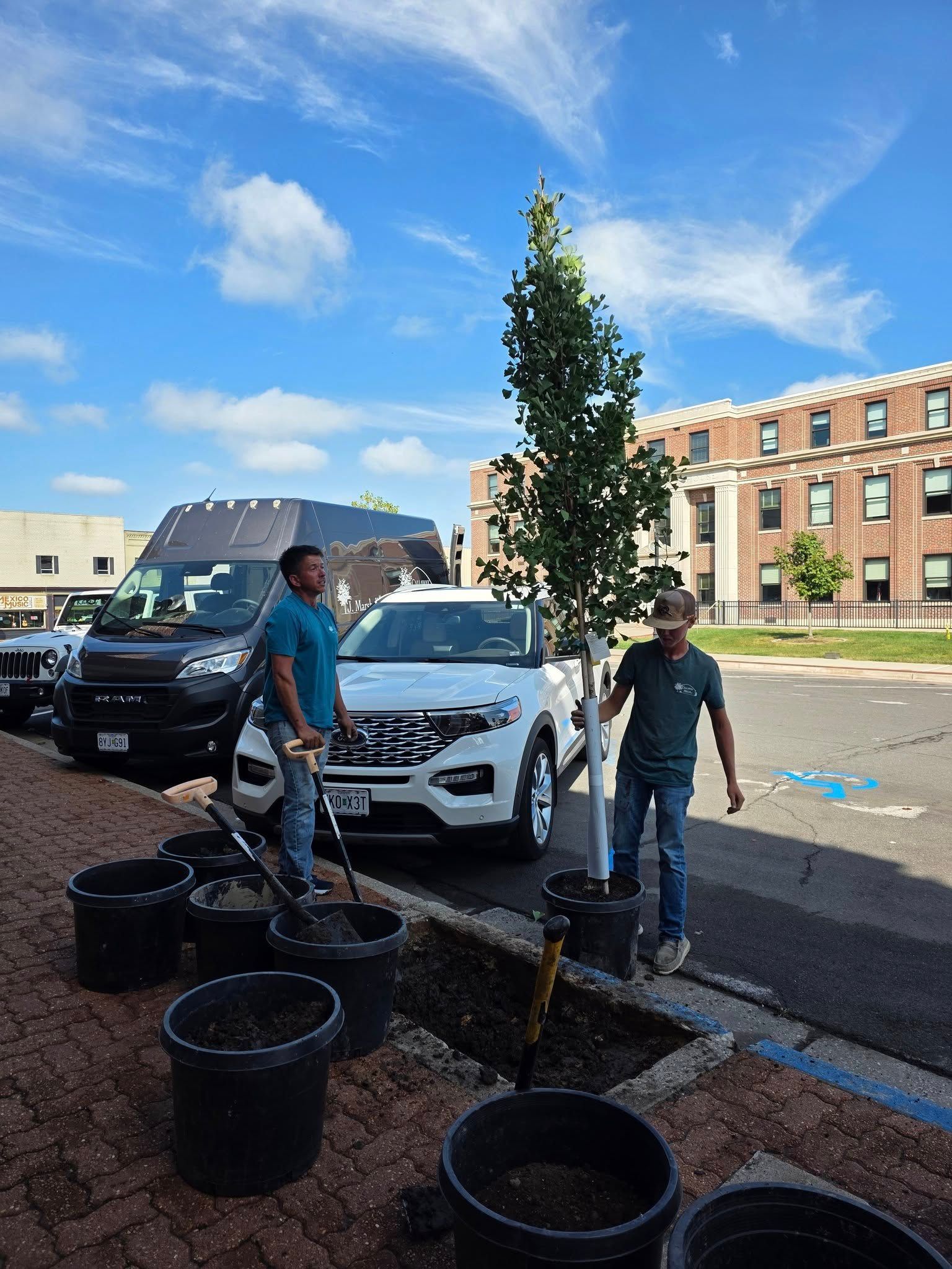 Brick building with black roof, dormers, and arched windows beneath a blue sky and tree branches.
