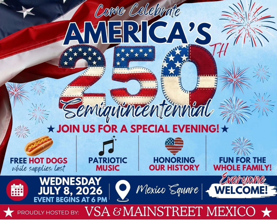America’s 250th Semiquincentennial celebration poster with fireworks, flag, and event details in red, white, and blue