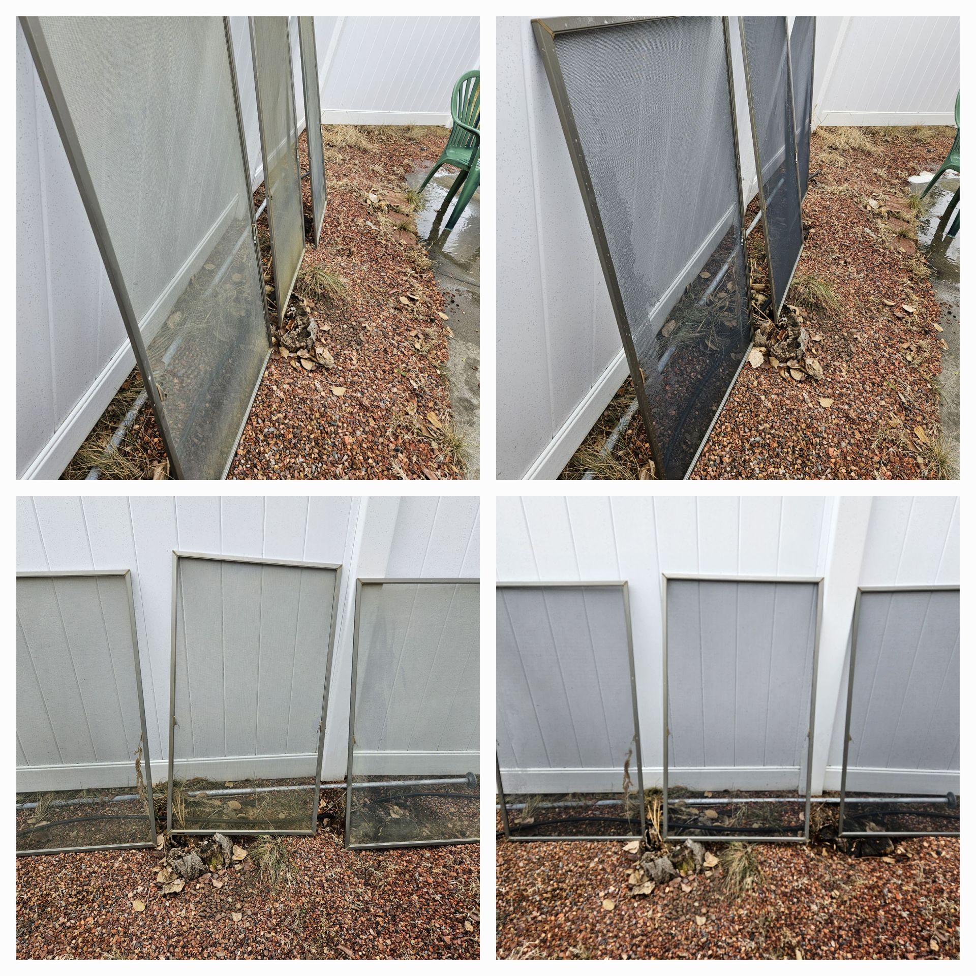 A collage of four pictures of a screen door before and after cleaning.