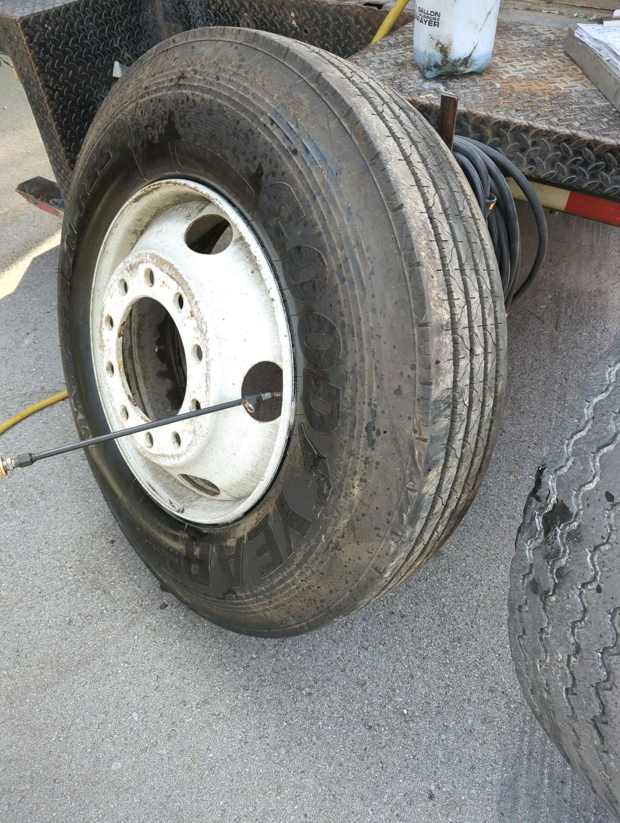 A tire with a white rim is sitting on the ground.