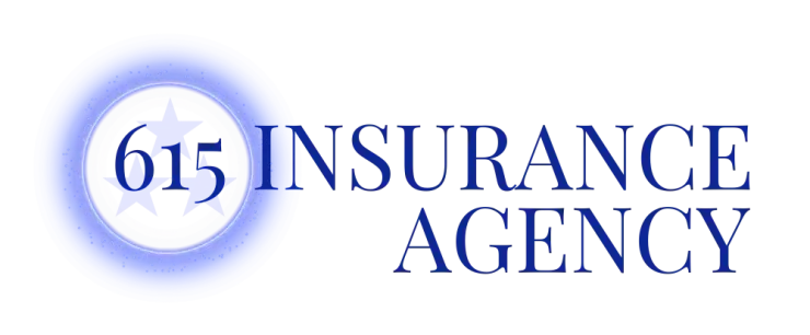 Logo for 615 Insurance Agency with the text "615 INSURANCE AGENCY" in blue and a circular graphic.