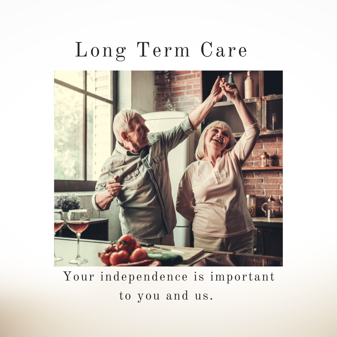 an ad for long term care shows an elderly couple dancing in a kitchen