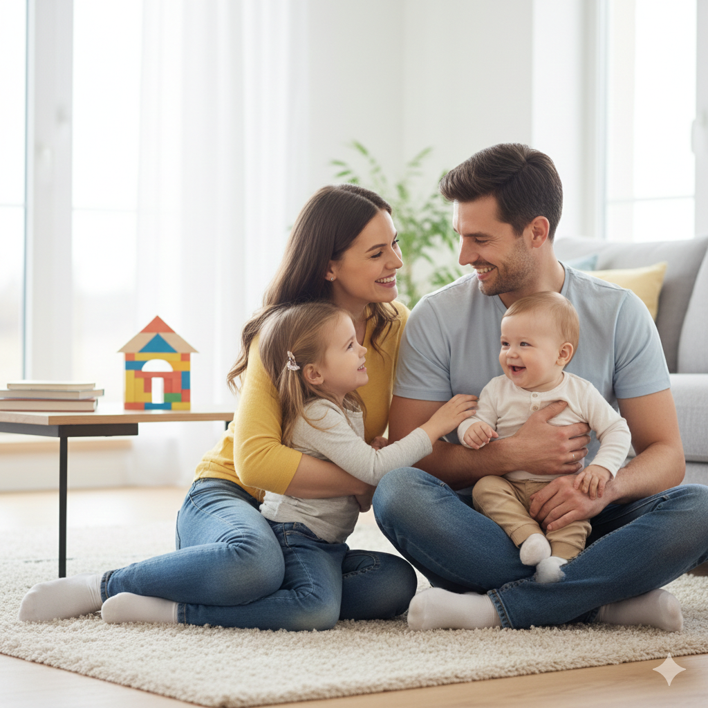 Family sitting on a rug in a living room, smiling at each other.
