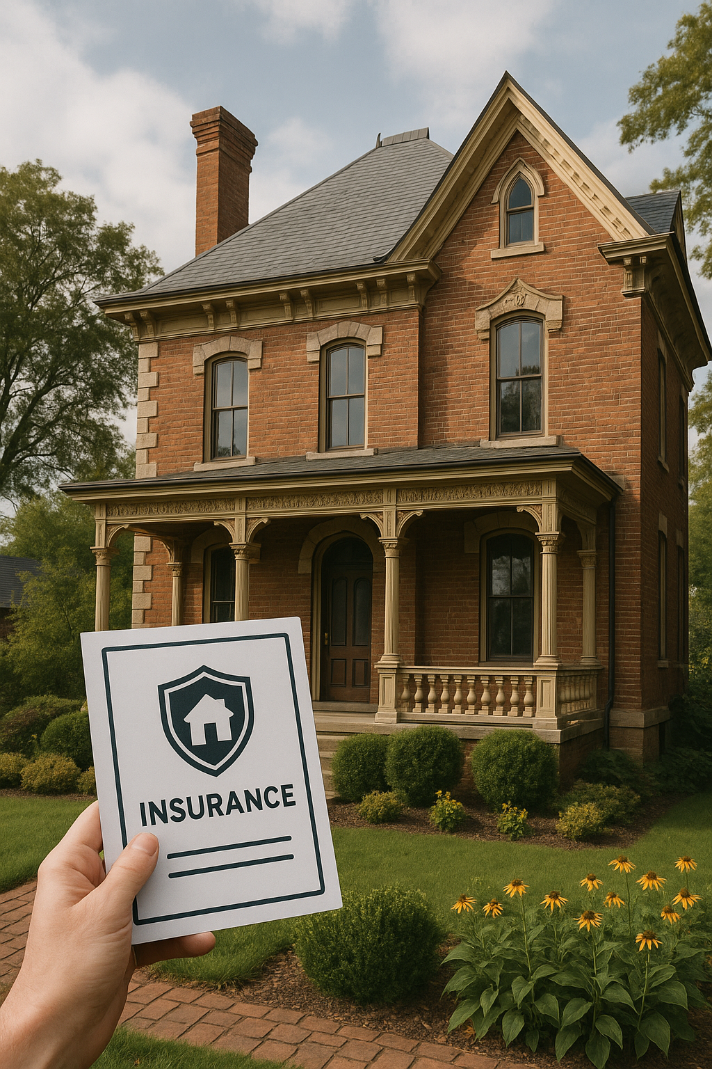 Hand holding an insurance document in front of a brick house with a porch and bushes.