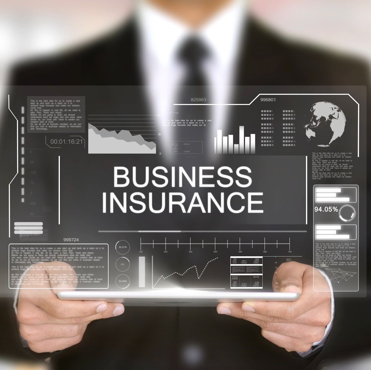 a man is holding a tablet that says business insurance