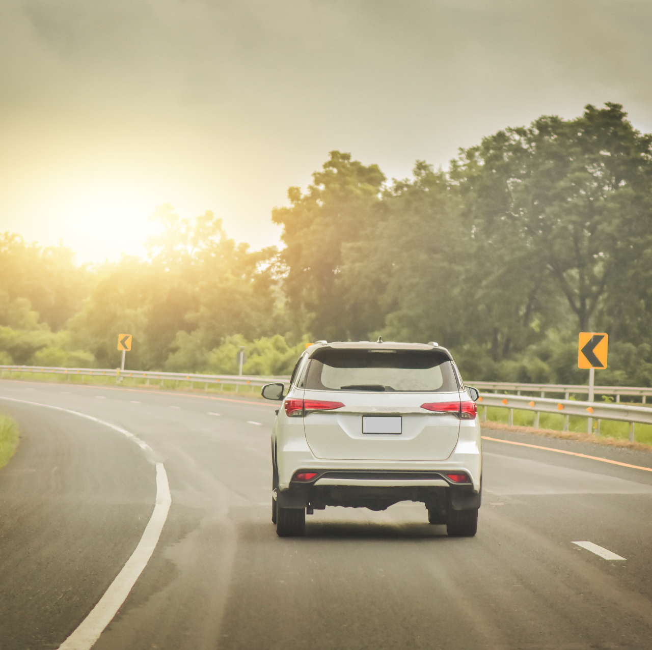 a white car is driving down a road with trees on both sides