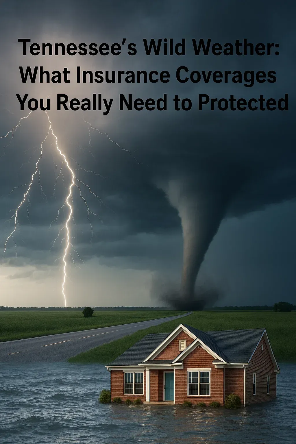 A house in a flooded area with a tornado in the background