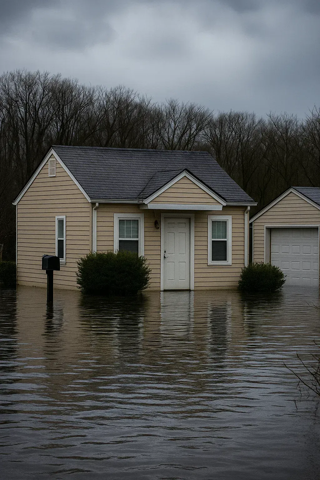 A flooded house with a garage in the background