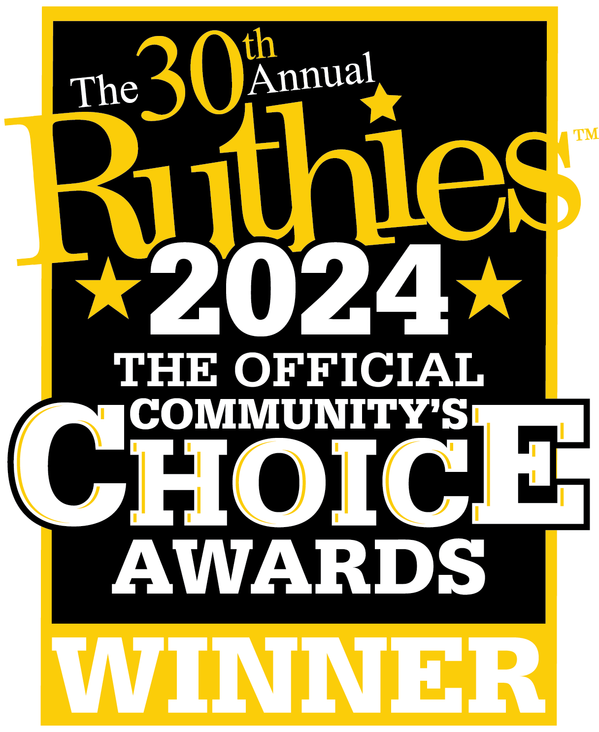 The 30th Annual Ruthies 2024 Community's Choice Awards logo. Black background, yellow text. 