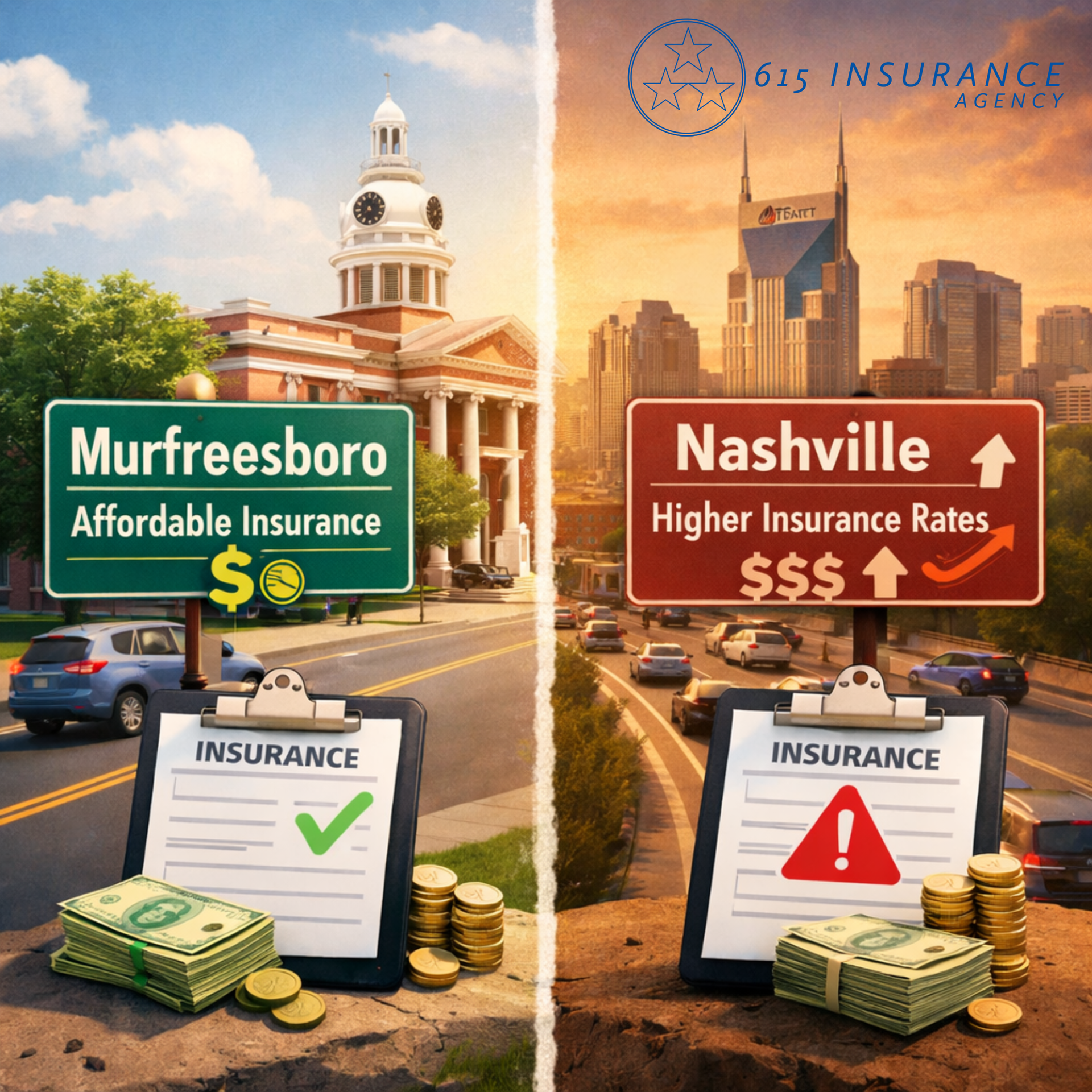 Side-by-side comparison: Murfreesboro offers affordable insurance vs. Nashville's higher rates. Signs & money are shown.