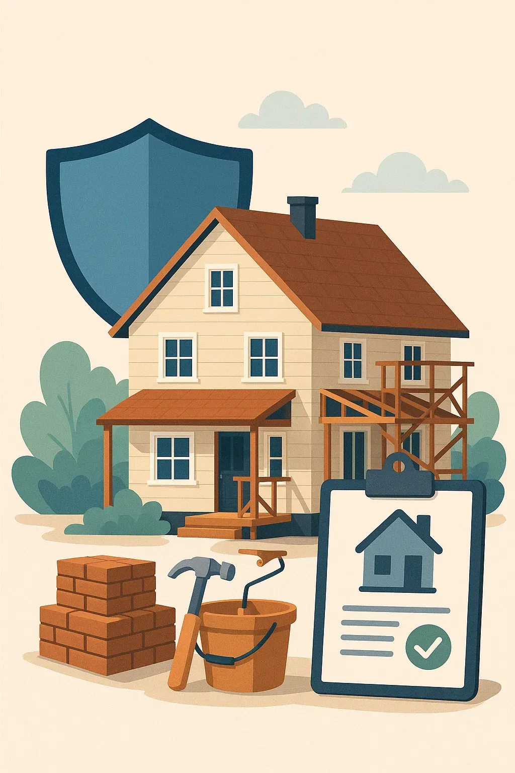 House under construction with a shield, bricks, tools, and clipboard, suggesting home protection and repair.