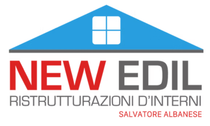 Logo di New Edil con tetto blu, testo rosso e grigio e “Ristrutturazioni d'interni” sotto.