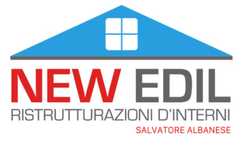 Logo di New Edil con tetto blu, testo rosso e grigio e “Ristrutturazioni d'interni” sotto.