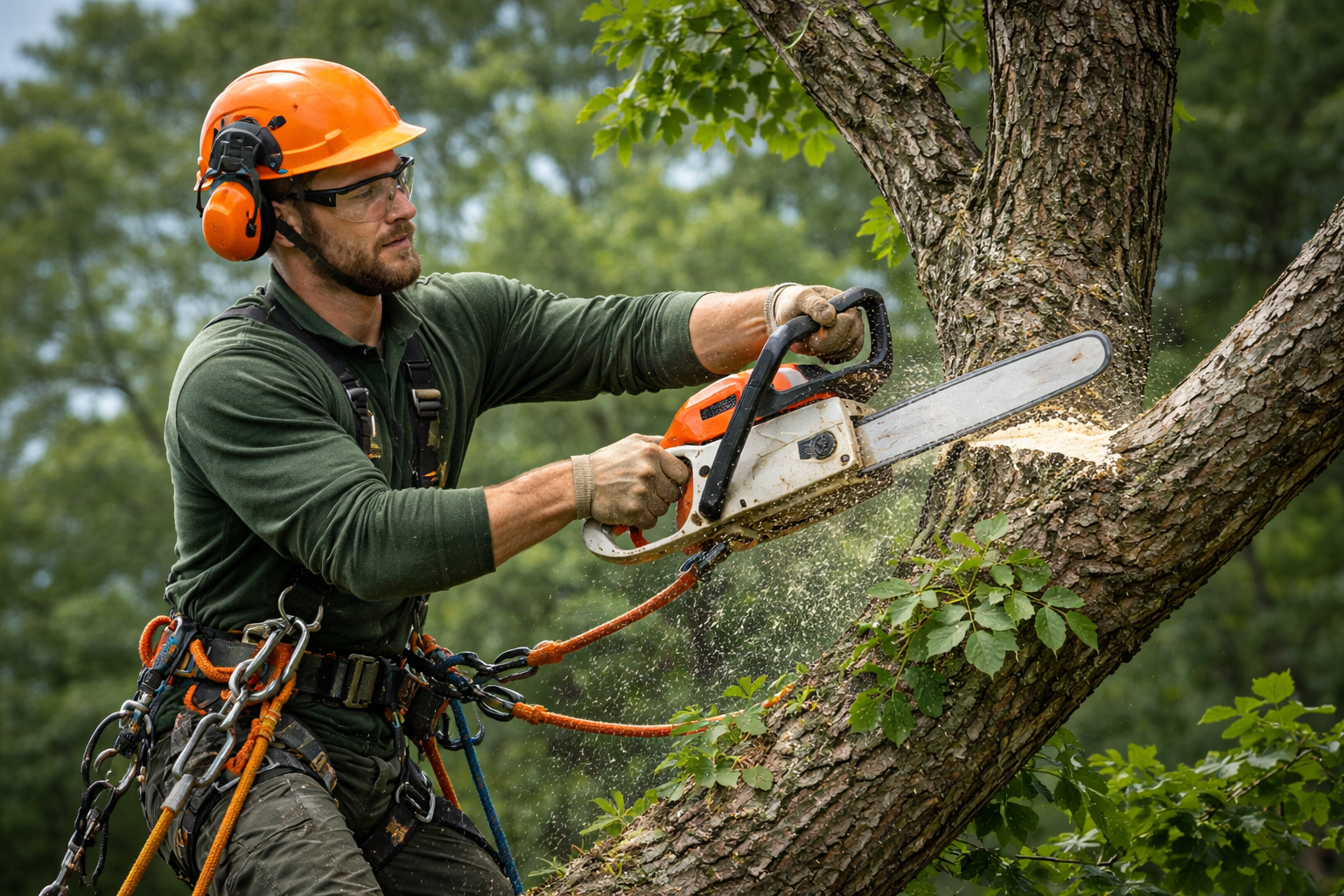 A worker wearing a hard hat and protective gear in a cherry picker bucket, trimming a large tree trunk.