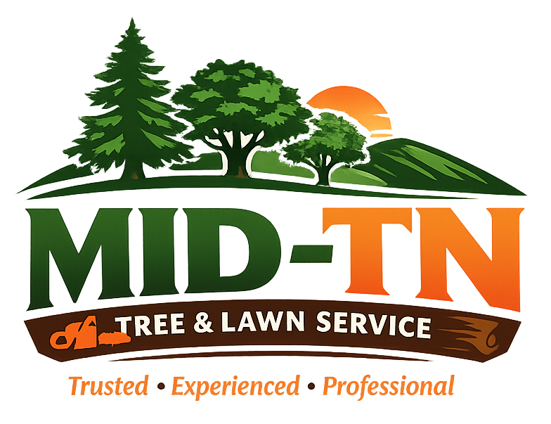 Logo for Mid-TN Tree & Lawn Service featuring a large tree, a sunrise, two chainsaws, and the business name on a wood panel.