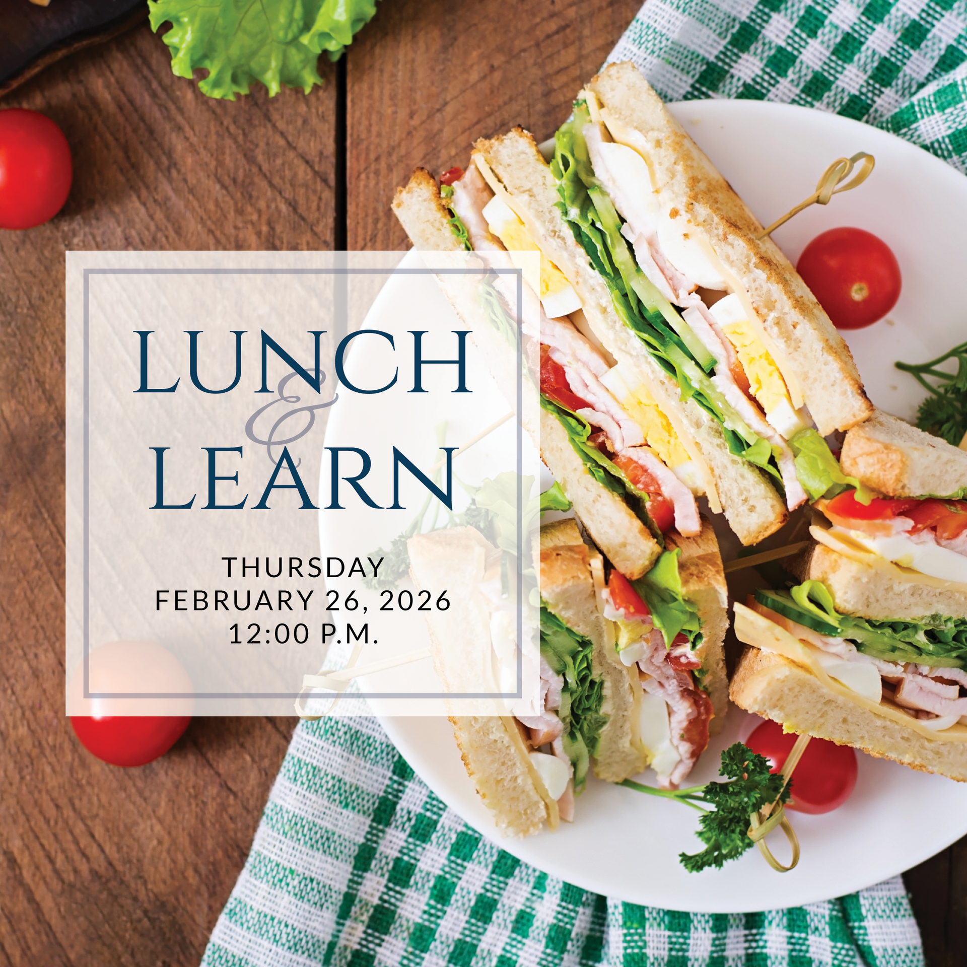 a plate of sandwiches on a table with the words lunch & learn on it