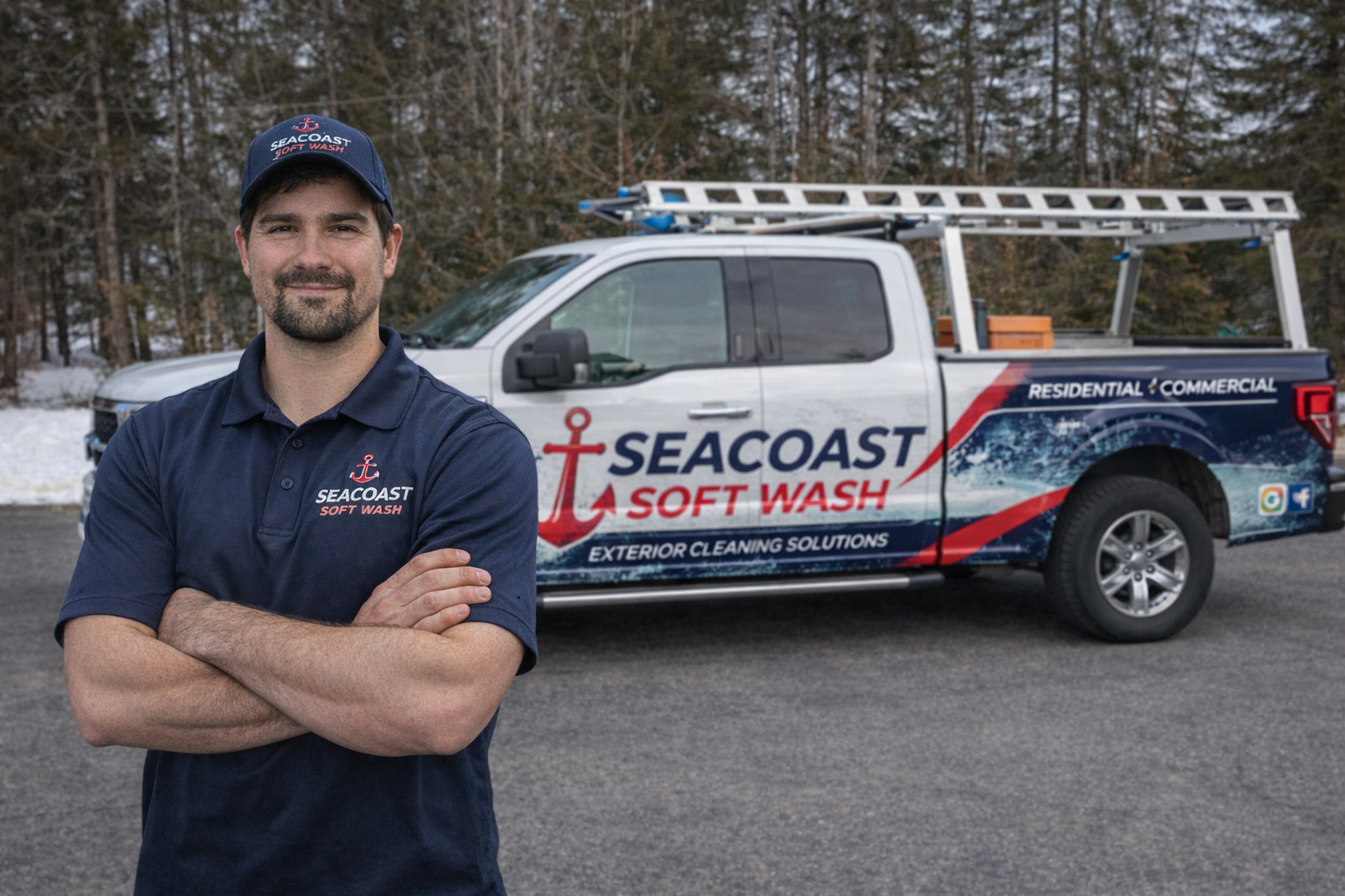 Jarrett Woodward standing with a Seacoast Soft Wash service truck