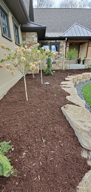 Exterior of a house with mulch landscaping, small trees, stone accents, and a stone walkway.