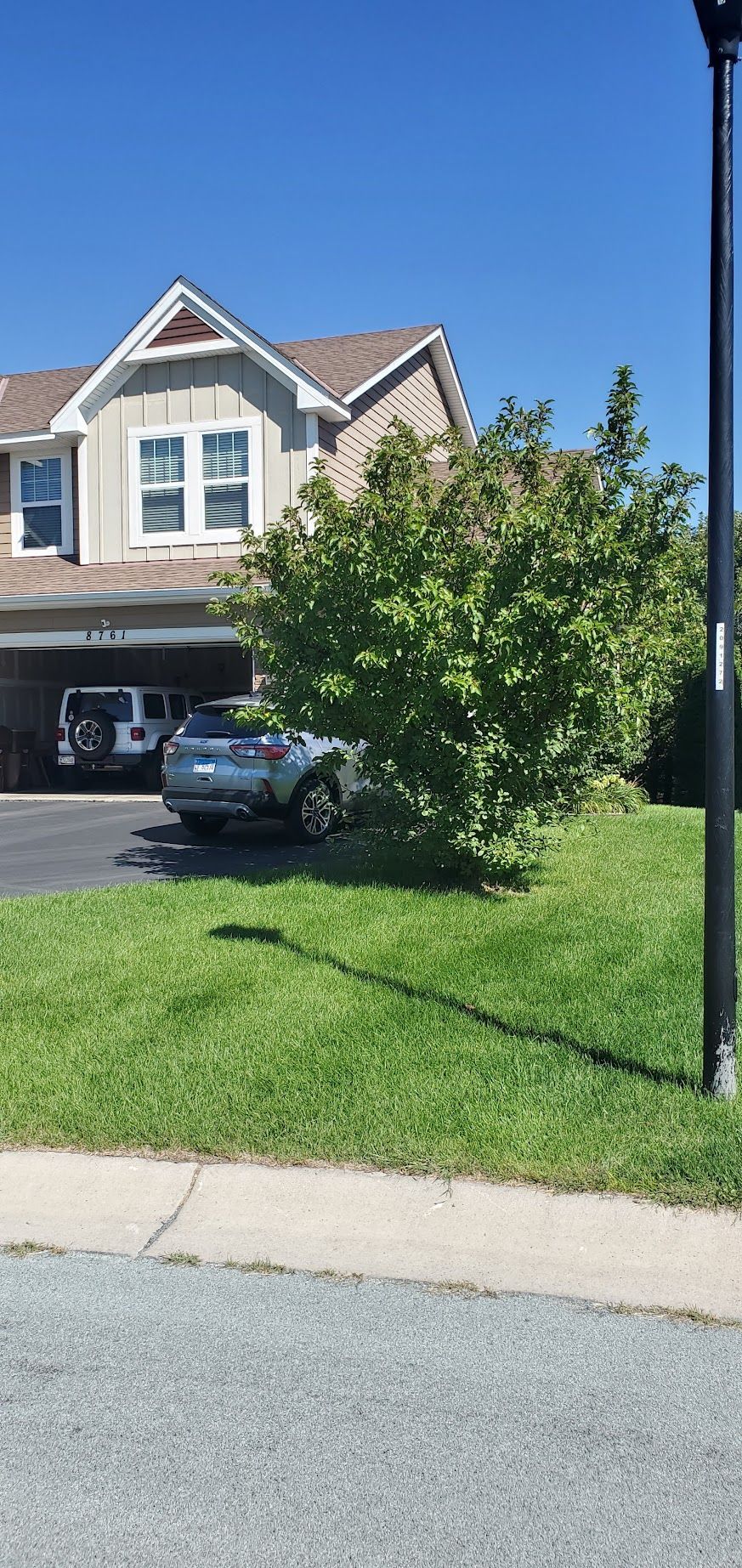 A house with a car in the driveway and a tree in front, sunny day.