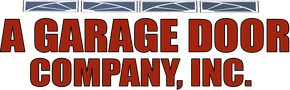 Logo for A Garage Door Company, Inc. with garage door graphic above red text.