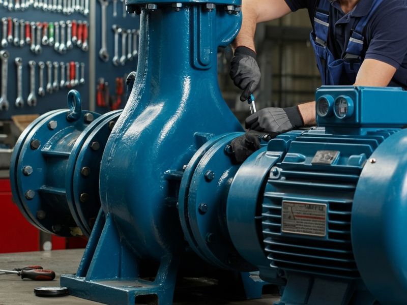 Un uomo sta lavorando su una pompa blu in una fabbrica.