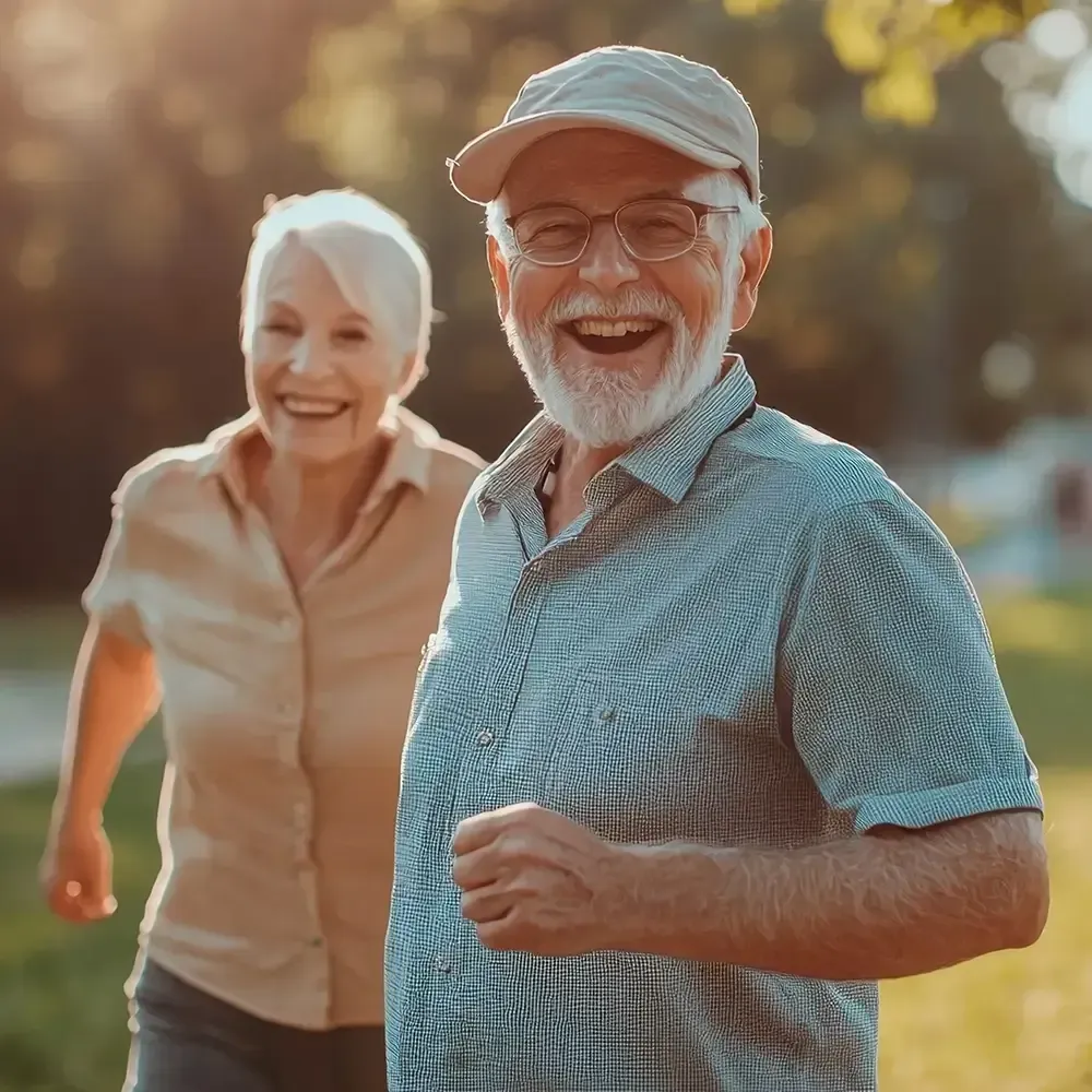 A man and a woman are standing next to each other in a park and smiling.