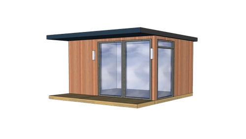 A small wooden building with sliding glass doors on a white background.