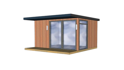 A small wooden building with sliding glass doors on a white background.