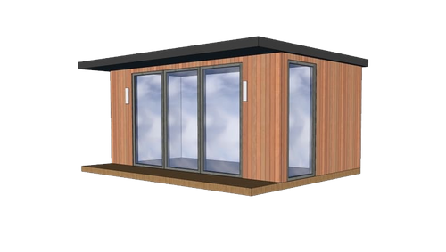 A 3d model of a wooden building with sliding glass doors.